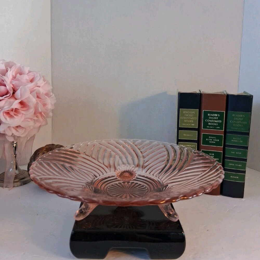 Vintage Anchor Hocking Pink Depression Glass 3 Footed Bowl, 1940s